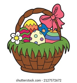 Basket with Easter eggs isolated on a white background. Illustration of basket full of colorful decorated easter eggs.