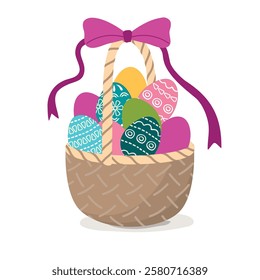 Basket with Easter eggs isolated on white background. Colorful hand-painted eggs with geometric patterns.The handle is decorated with a bow with ribbons.Design for card. Vector flat color illustration