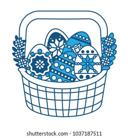 Basket with easter eggs and leaves over white background, blue shading design  vector illustration