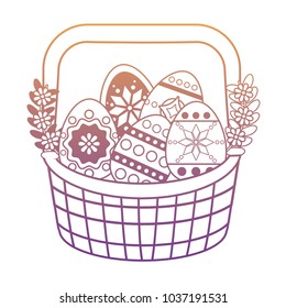 Basket with easter eggs and leaves over white background, colorful design. vector illustration