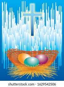 Basket with easter eggs on the background of the cross. Easter card