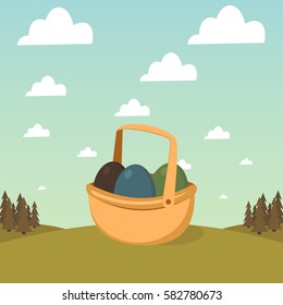 Basket with Easter eggs on a background of forest and sky with clouds. Vector illustration