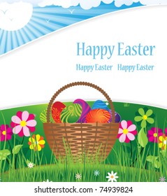 Basket with Easter eggs on the background of open flowers