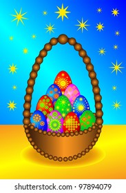 The basket with the Easter eggs, on the beautiful background with the stars, vector.