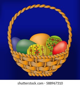 Basket with Easter eggs on a blue background. Vector graphics.
