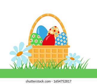 Basket with Easter eggs on the green grass. Flat vector illustration.