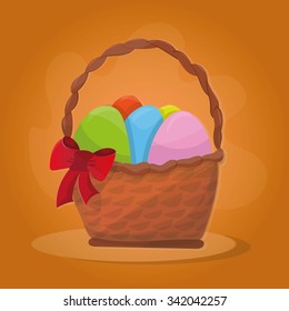 Basket with Easter eggs on a orange background