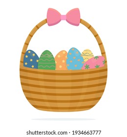 Basket with easter eggs is on white background.