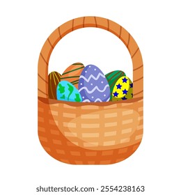 Basket of Easter eggs on a white background. Easter egg hunt. 