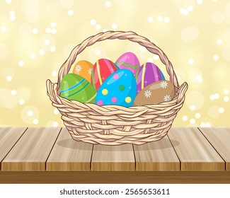 Basket with Easter eggs on a wooden table. Vector illustration.