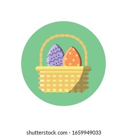 basket with easter eggs over white background, block style icon, vector illustration