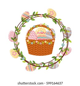 basket with easter eggs over white background. colorful design. vector illustration