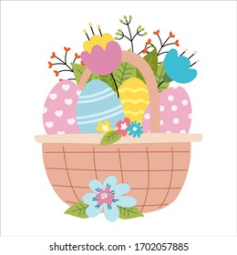 Basket with Easter eggs with a pattern. Flowers and twigs in a doodle style. Flat. Vector illustration.