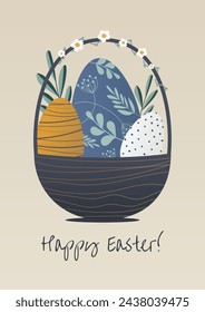 A basket of Easter eggs. A postcard with wishes for a Happy Easter.