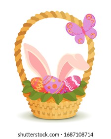 Basket with Easter eggs, rabbit ears and butterfly. Vector illustration in simple flat style. Colorful stock illustration. Perfect for decoration and design.