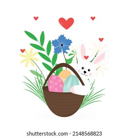 basket with Easter eggs and a rabbit on the background of a spring bouquet of flowers. Flat vector cartoon illustration for printing