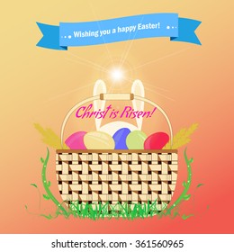 Basket with Easter eggs is standing on the grass. Feast of Holy Easter. Greeting card with Happy Easter day. Caption Christ is Risen.