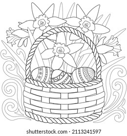 Basket, Easter eggs, swirl pattern, flowers, white background. Colouring page, line art, vector.