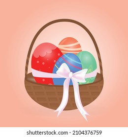 cesta de huevos de Pascua atada con una cinta y un arco. Ilustración vectorial en un estilo plano