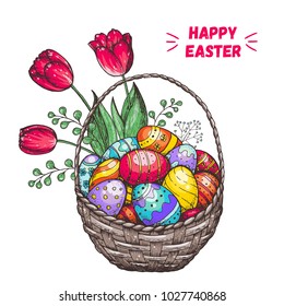Basket with easter eggs and tulip flowers hand drawn. Vintage vector illustration. Cartoon style, colorful illustration.