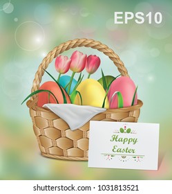Basket with Easter eggs, tulips and blades of grass. Easter background. Vector illustration