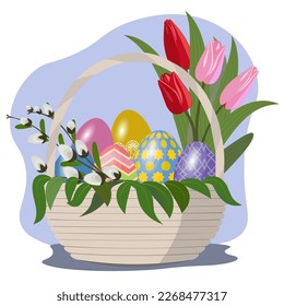 Basket with easter eggs, tulips and pussy-willow. Vector illustration