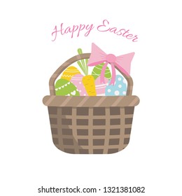 Basket with Easter eggs. Vector illustration and template for spring and easter holidays, postcards, banners