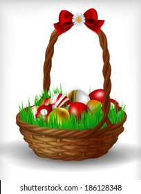 Basket with  Easter eggs. Wooden basket full with painted Easter eggs and fresh green grass. Basket has red silk bow and daisy decoration.