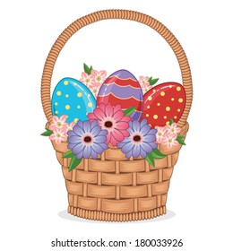 Basket with Easter painted eggs and flowers isolated on white background. Vector Illustration 
