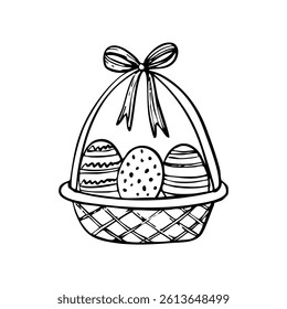 A basket of eggs with a bow on top. The eggs are white and brown. The basket is filled with eggs and a cookie