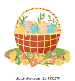 Basket with Eggs, Carrots and Flowers on grass