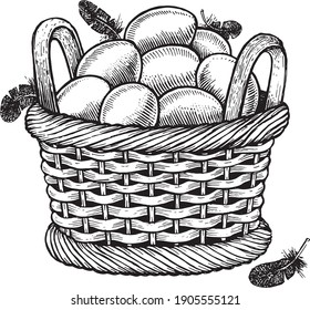 Basket of eggs. A collection of farm products. Black and white vector drawing. Retro drawing, vintage graphics.