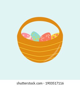 Basket of eggs for Easter. Perfect for holiday decoration, greeting cards, scrapbooking, party invitation, poster, sticker. Cartoon vector illustration
