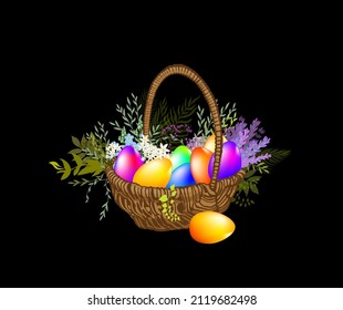 Cesta con huevos y flores. Feliz Pascua. Sobre un fondo negro . Ilustración del vector