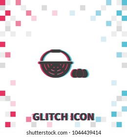 Basket and eggs  glitch effect vector icon.