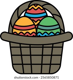 A basket of eggs with a basket handle. The basket is brown and the eggs are colorful. The basket is filled with three eggs, two of which are yellow and one is green