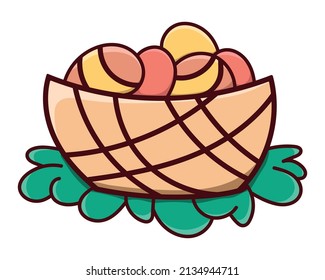 Basket with Eggs icon Colored Doodle Vector Illustration. Isolated on a white background. Element for holiday card, postcard, printing, sticker, book.