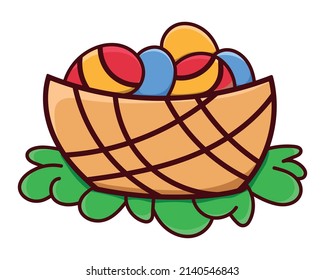 Korb mit Eier Symbol farbige handgezeichnete doodle Vektorgrafik. Einzeln auf weißem Hintergrund. Element für Ferienkarte, Grußkarte, Druck, Aufkleber, Buch.