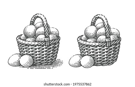 Basket with eggs into it. Hand drawn engraving vintage style vector illustrations.
