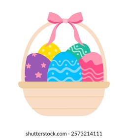 A basket of eggs with a pink ribbon tied around it. The basket is filled with a variety of colored eggs, including blue, green, and yellow. The basket is placed on a white background