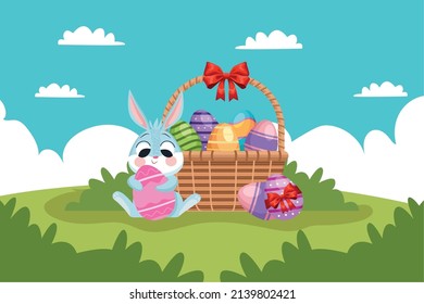 basket with eggs and rabbit easter scene