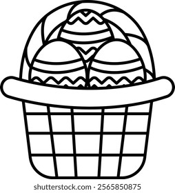 A basket of eggs is shown in a black and white drawing. The basket is filled with three eggs, and the eggs are decorated with colorful designs. Concept of warmth and joy