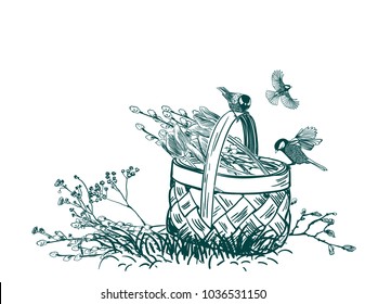 basket engraved tulips  flowers vector illustration