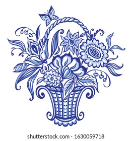 Basket With Fabulous Flowers, A Graphic Drawing In Folklore Style In Blue Tones.