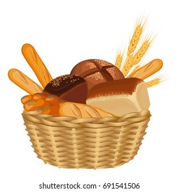 Basket Filled With Baked Goods Realistic Style Illustration On White