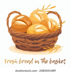 A basket filled with bread vector icon isolated on white background. Delightful cartoon illustration of round loaf of freshly baked wheat bread nestled in a rustic wicker basket. 