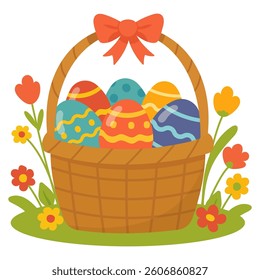 A basket filled with brightly colored Easter eggs. Decorative greenery and flowers.