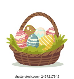 A basket filled with colorful decorated Easter eggs on a white background, vector illustration of Easter celebration. Vector illustration