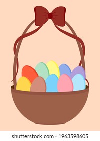 The basket is filled with colorful Easter eggs. Happy easter.
