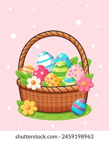 A basket filled with colorful Easter eggs and flowers, vector illustration, pink background, concept of Easter celebration. Vector illustration